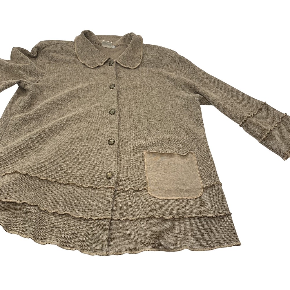 Focus Sweater Neutral Boxy Button Front Woman Large 3/4 Sleeve Textured Made USA